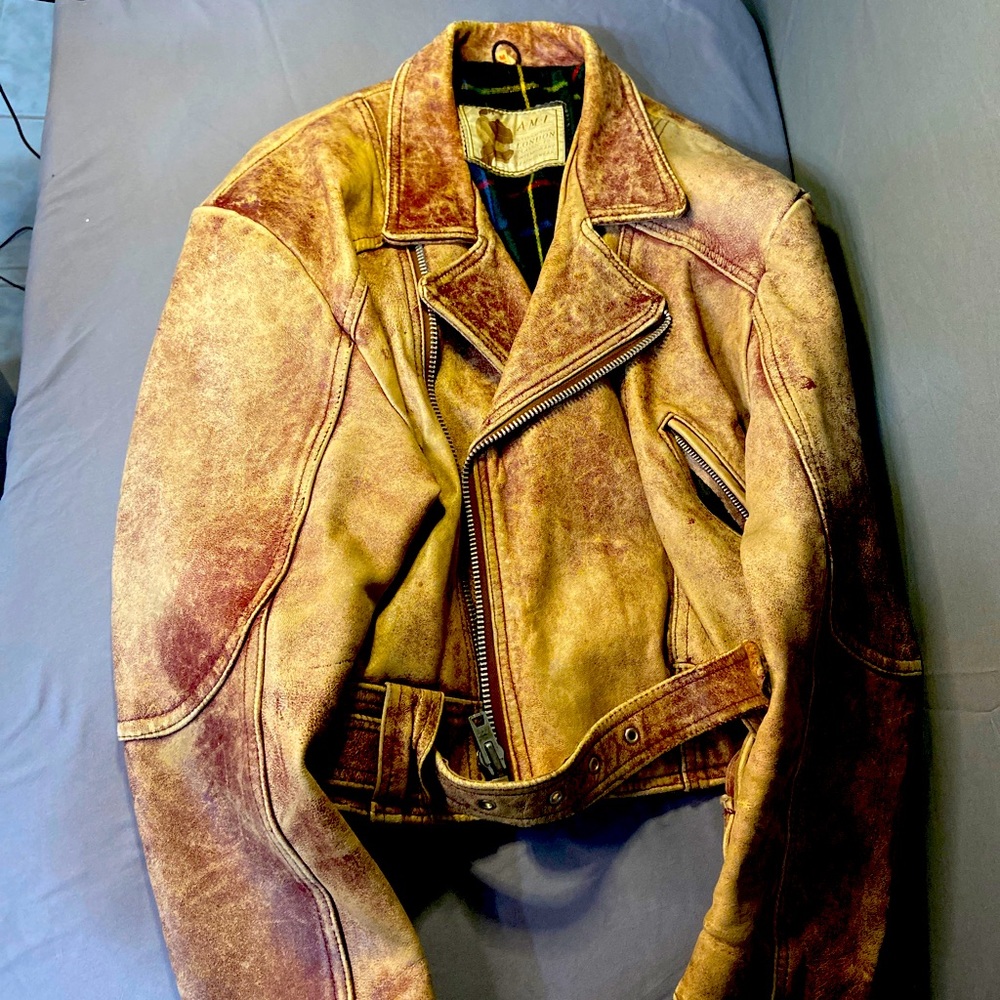 AMI International Vintage 80’s motorcycle jacket, leather with tartan lining.